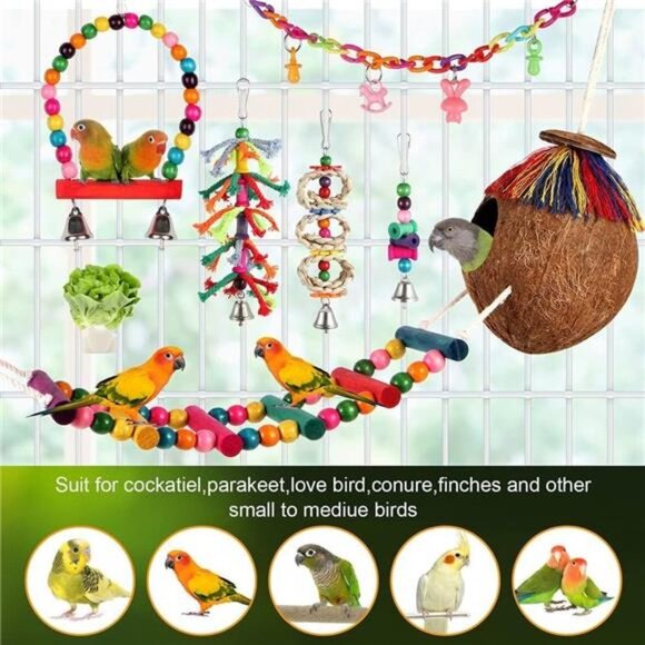 Bird Toys 17Pcs Bird Parakeet Swing Chewing Hanging Toys Climbing Ladder Coconut - Picture 6 of 7
